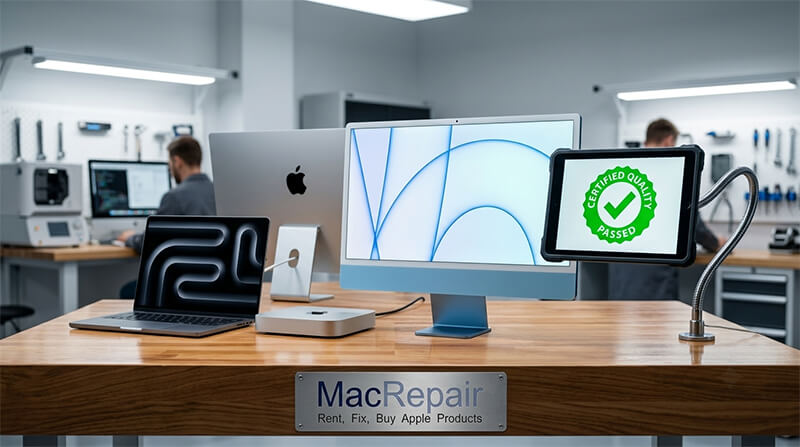 mac repair it's a lab that fix macbooks and also sell second hand of apple computers. a desk with all kind of macs
